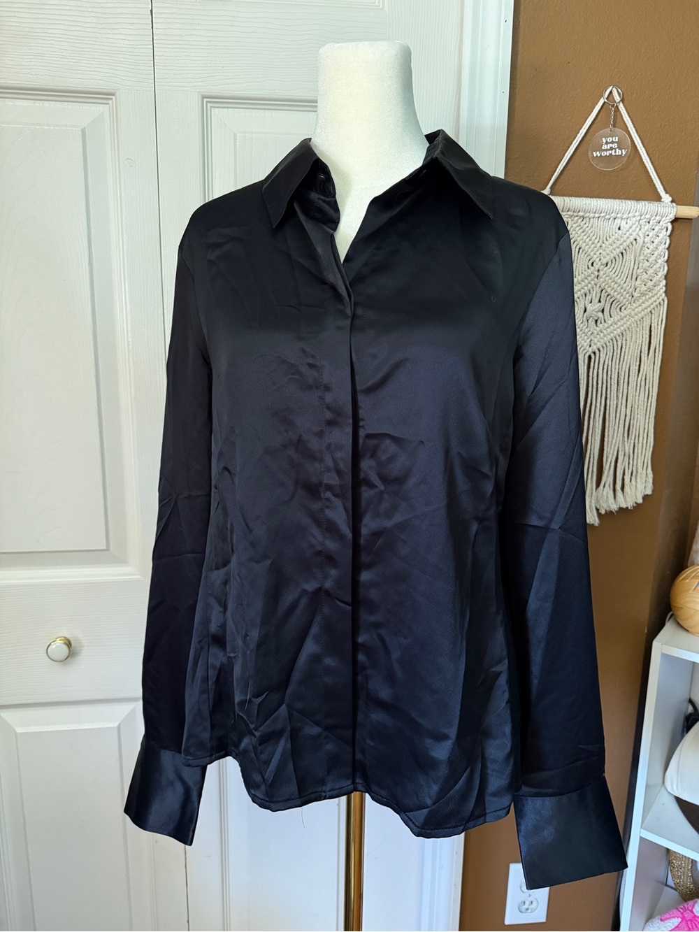 NWT East 5th Black Silky Button Down Top Blouse / Size 12